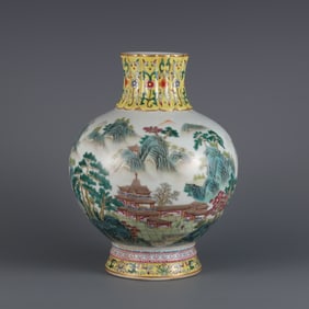 A Rare  Famille Rose Landscape and Pavilion Pattern Vase