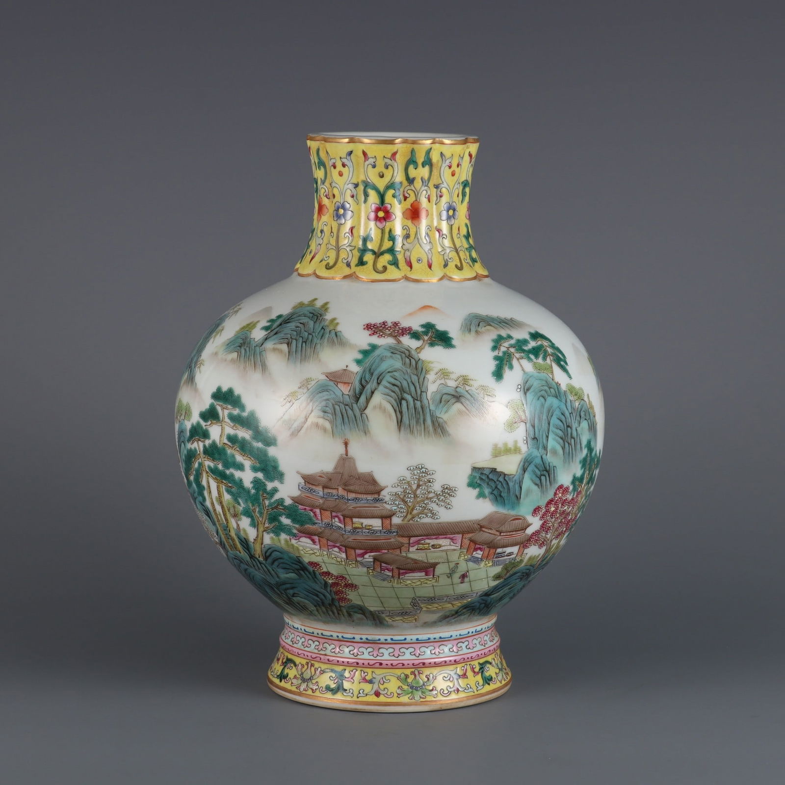 A Rare Famille Rose Landscape and Pavilion Pattern Vase (1 of 9)