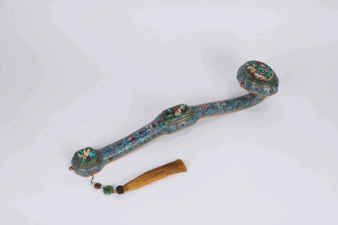 Cloisonne Jade-Inlaid Ruyi Ornament: Cloisonne Jade-Inlaid Ruyi Ornament,Qing Dynasty, China,Qianlong Six-character Mark,Size:3.7inx21.7inx4.5in 