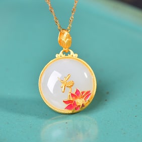 A Exquisite Silver-Inlaid Hotan Jade Lotus Pendant