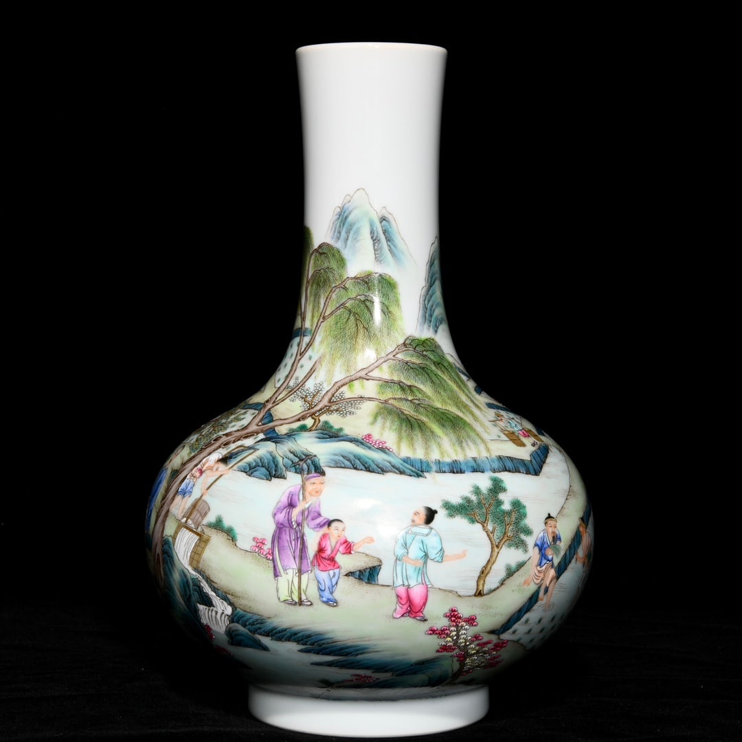 A Rare Famille-Rose Landscape and Figure Pattern Vase (1 of 9)