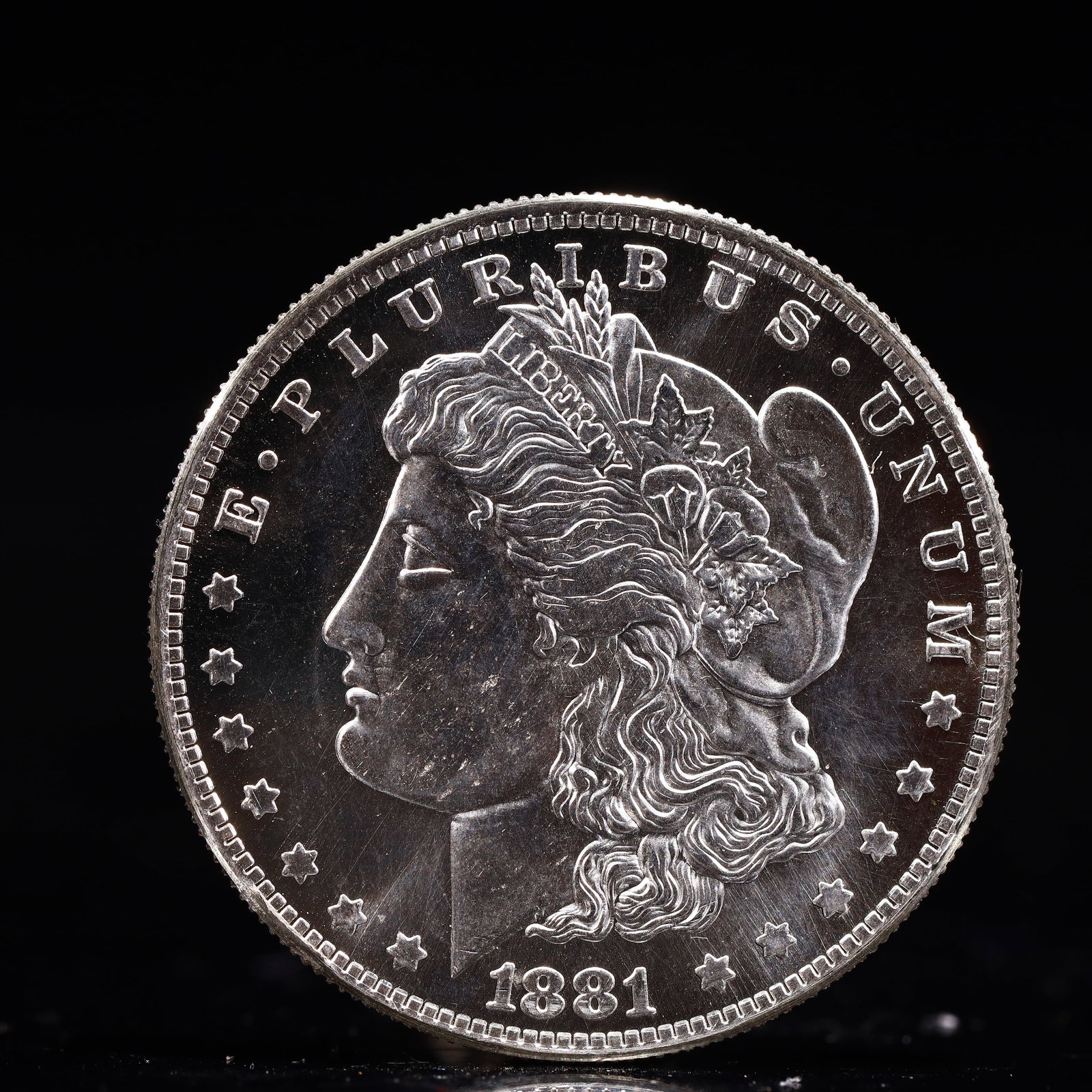 USA Morgan Dollar 1881 Coin: Obv: profile bust with date below and E PLURIBUS UNUM legend and stars around. Rev: eagle with In God we trust above within wreath with UNITED STATES OF AMERICA ONE DOLLAR legend. IN GOD WE TRUST / LI