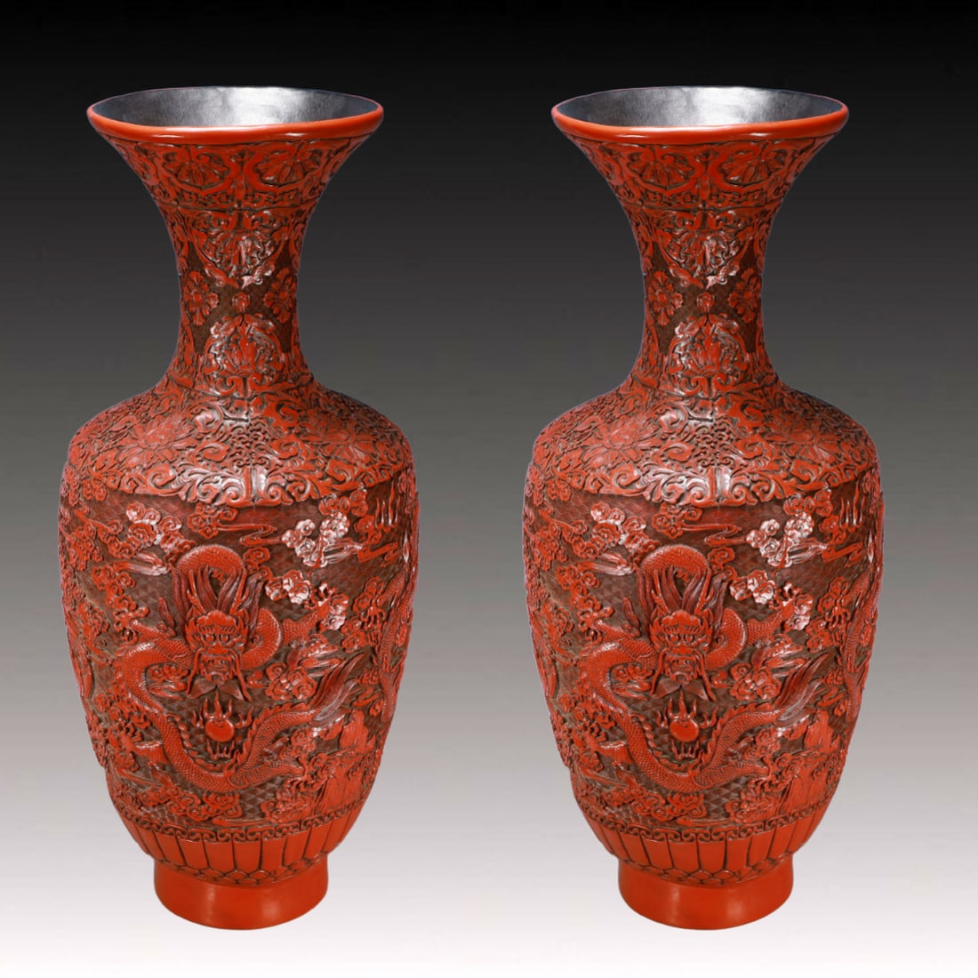 A Pair of Huge Carved Red Lacquer Auspicious Cloud and Dragon Pattern Vases (1 of 17)