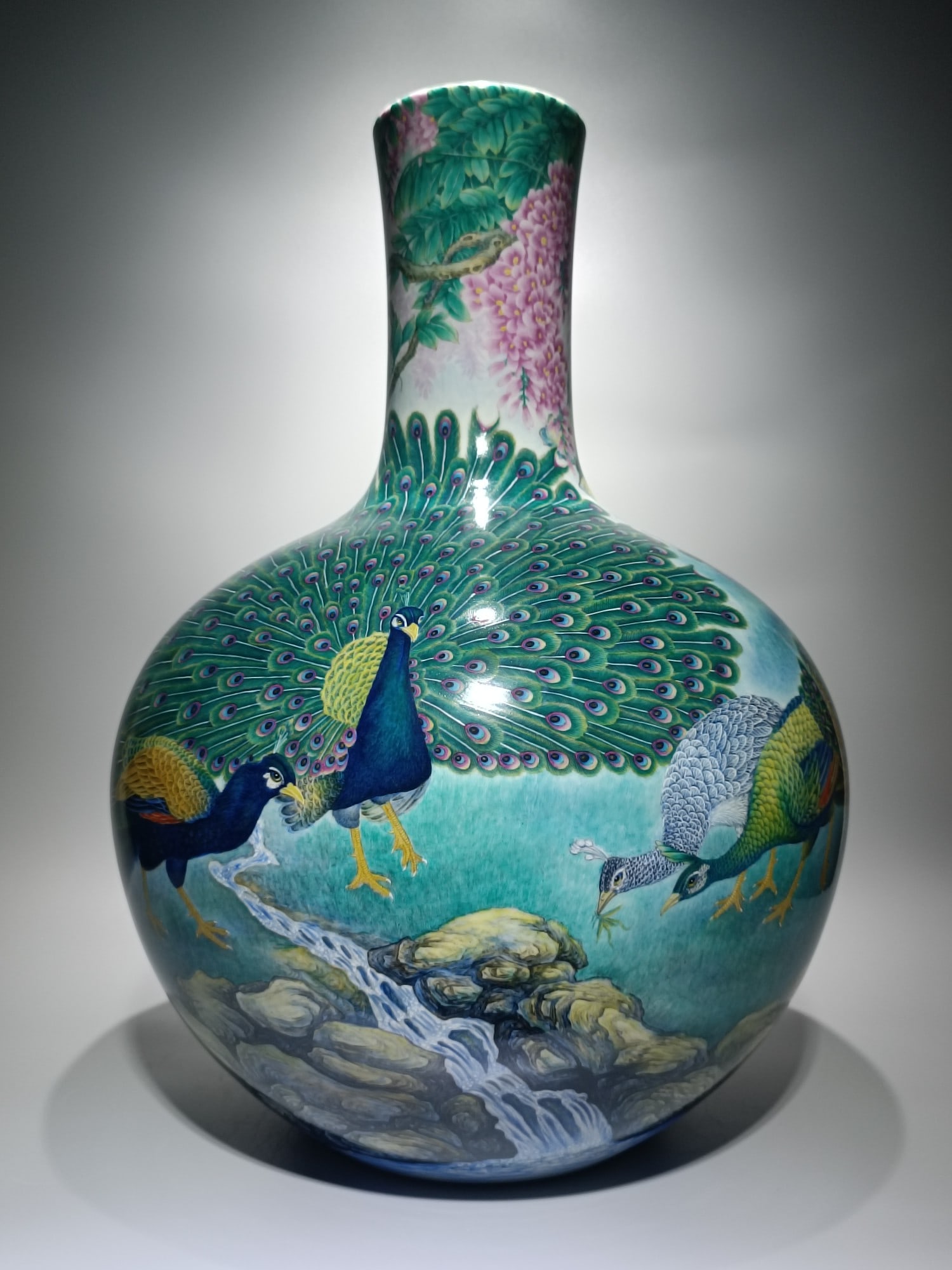 A Huge Enamel Flower and Peacock Pattern Vase,With Poem: A Huge Enamel Flower and Peacock Pattern Vase,With Poem,Qing Dynasty,China,Yongzheng Six-character Mark,Size:20.9inx15in 