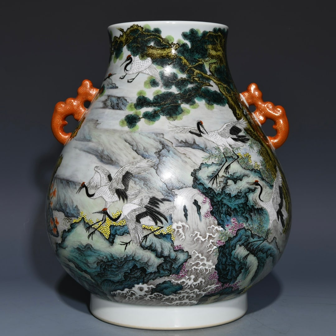 A Rare Famille-Rose Pine and Crane Pattern Double-Ears Vase,With Poem: A Rare Famille-Rose Pine and Crane Pattern Double-Ears Vase,With Poem,Qing Dynasty, China,Qianlong Six-character Mark,Size:12.4inx11.2in 