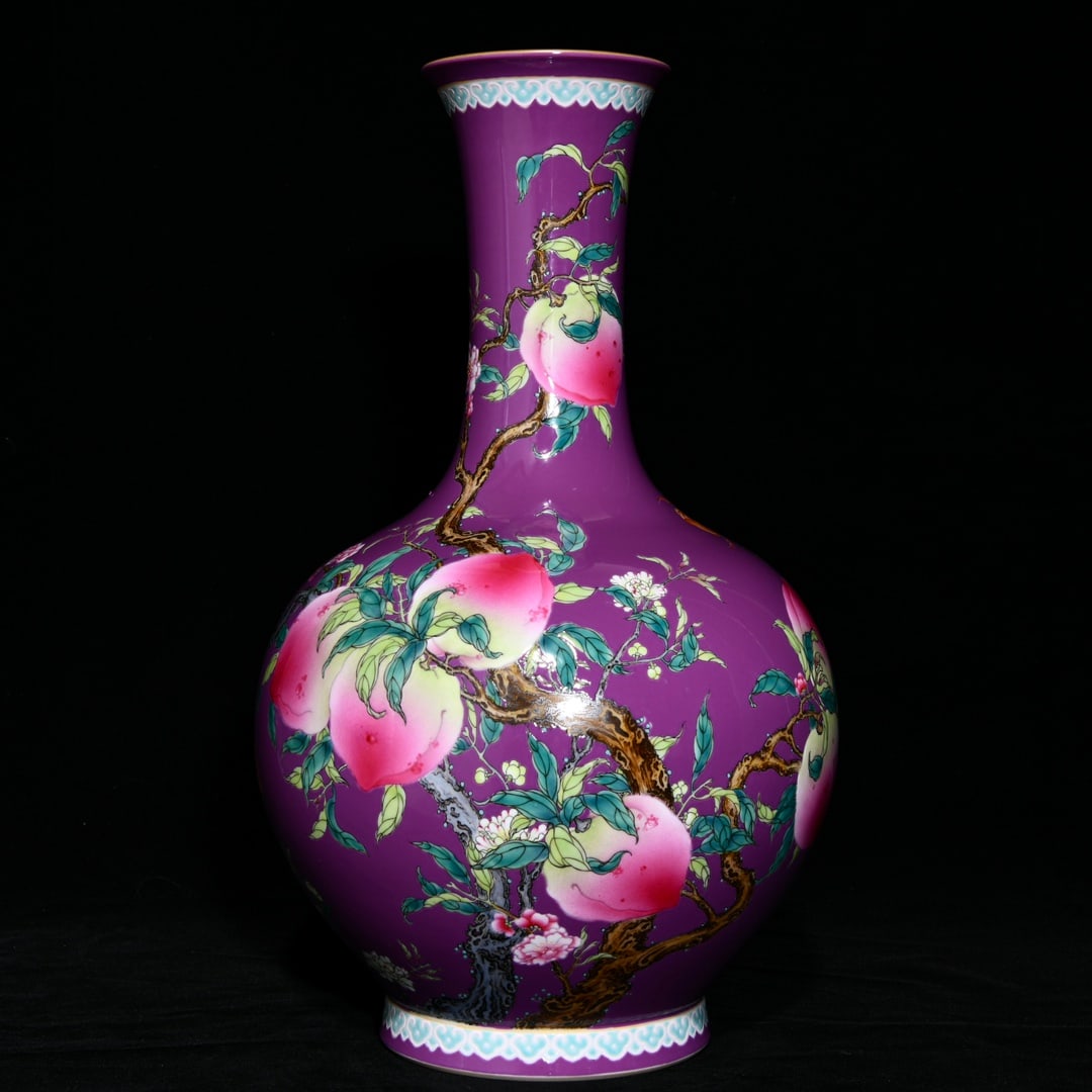 A Rare Purple Ground Famille-Rose Painted Gold Bats and Peach Pattern Vase: A Rare Purple Ground Famille-Rose Painted Gold Bats and Peach Pattern Vase,Qing Dynasty, China,Qianlong Six-character Mark,Size:15.4inx9.1in 