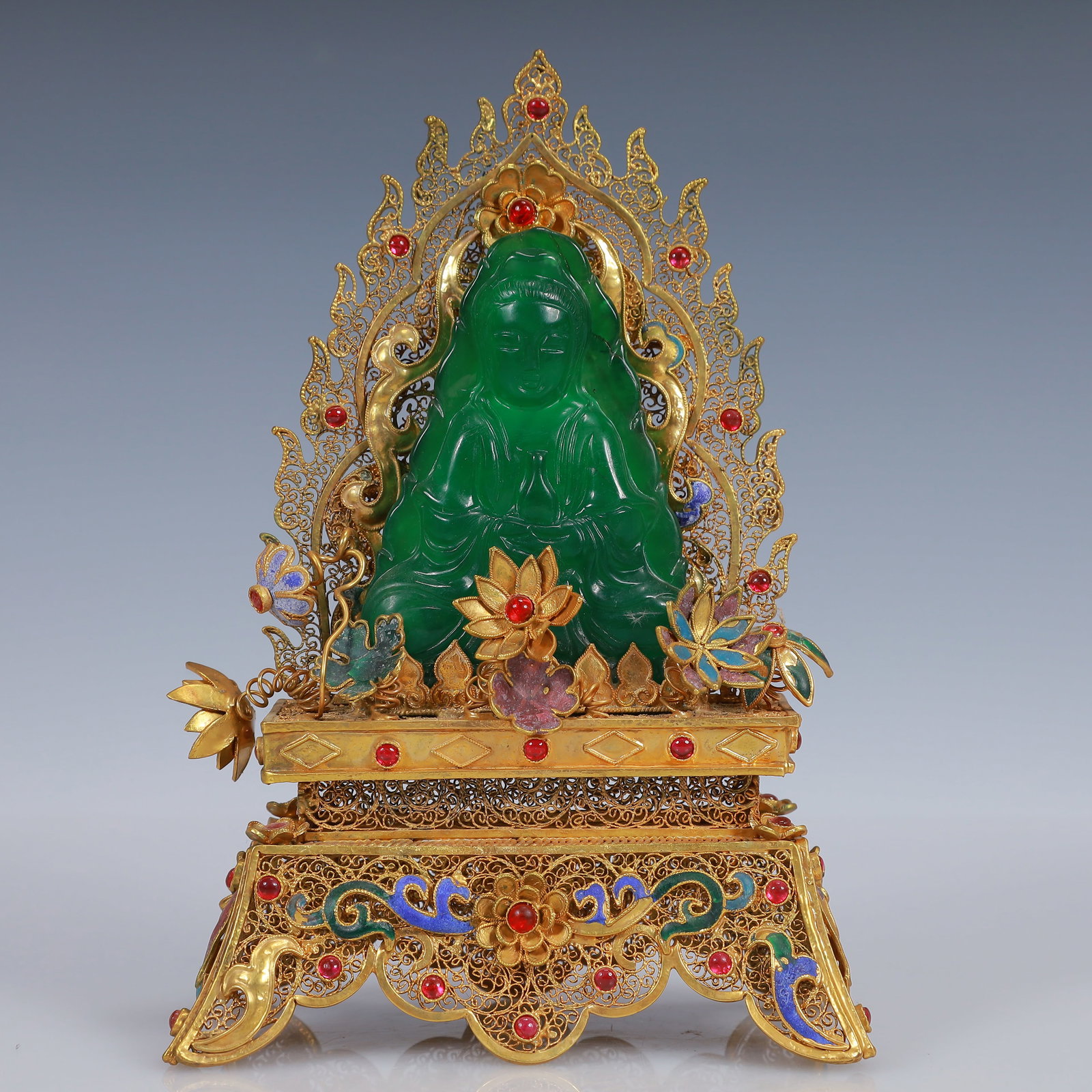 An Exquisite Filigree and Gilding Inlaid Jadeite Statue of Avalokitesvara,Inlaid Gems (1 of 7)