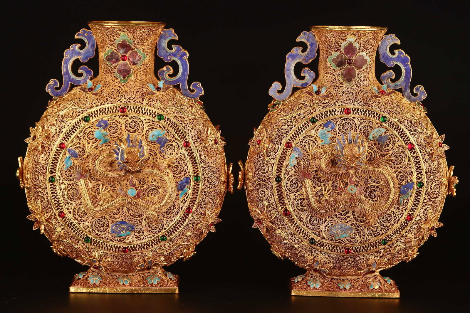 A Pair of Exquisite Filigree and Gilding Auspicious Cloud and Dragon Pattern Double-Ears Vases (1 of 9)