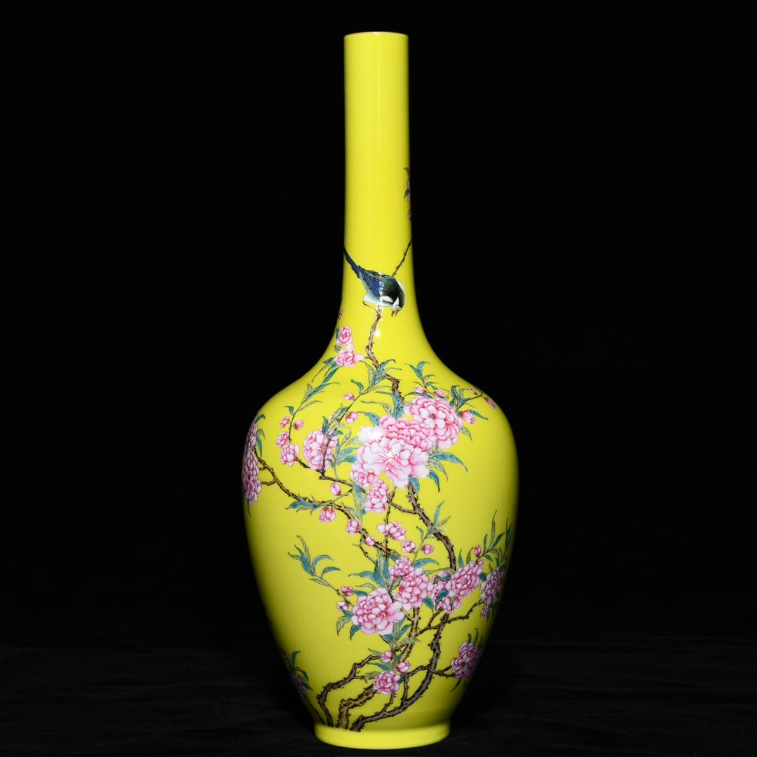 A Rare Yellow Ground Famille-Rose Painted Gold Flower and Bird Pattern Vase (1 of 9)