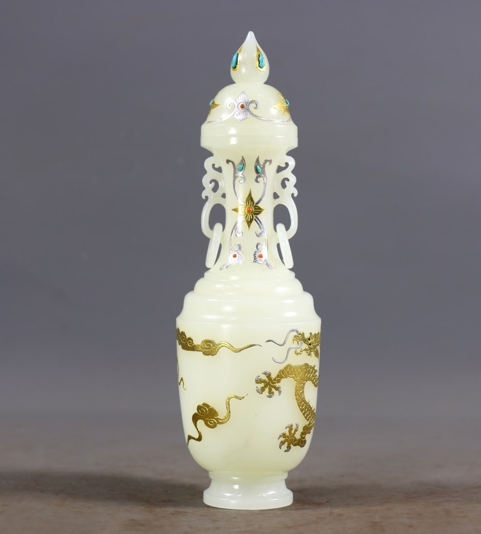 An Exquisite White Jade Inlaid Gold and Silver Dragon Pattern Double-Ears Bottle (1 of 9)