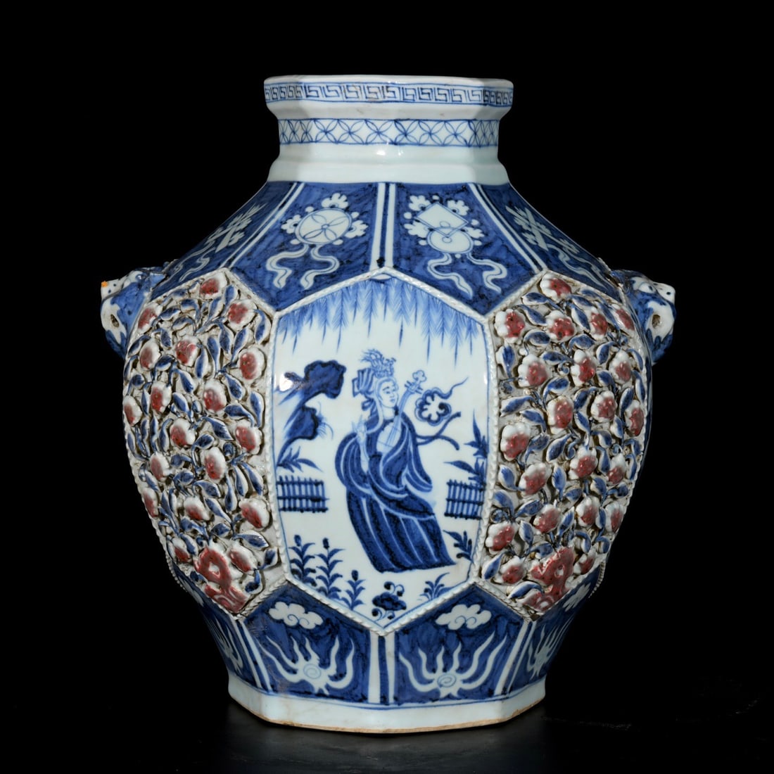 A Rare Blue and White Underglaze-Red Flower and Figure Pattern Beast-Ears Jar (1 of 9)
