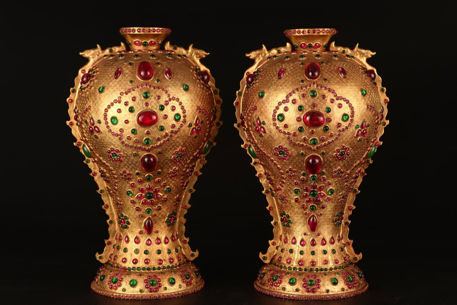 A Pair of Rare Gilt Bronze Beast-Ears Vases,Inlaid Gems: A Pair of Rare Gilt Bronze Beast-Ears Vases,Inlaid Gems,Qing Dynasty,China,Qianlong Four-character Mark,Size:13.8inx7.5in,Total Weight:5600g 