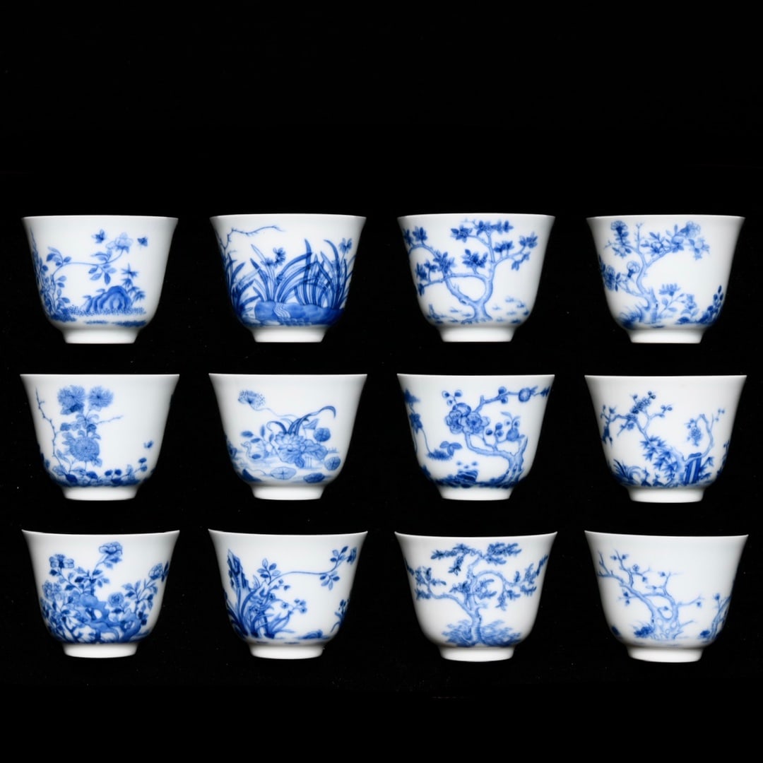 A Set of Fine Blue and White Flower Pattern Cups,With Poem (1 of 18)