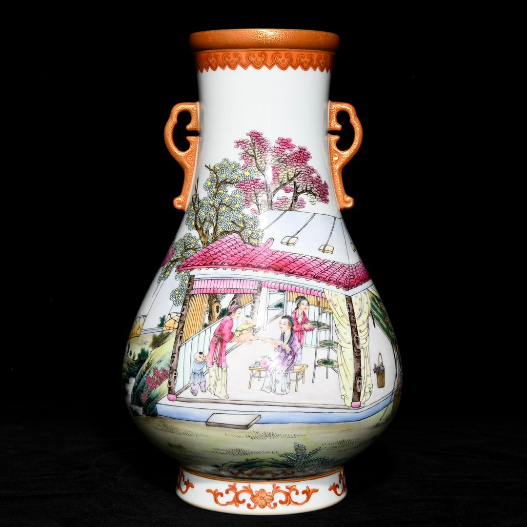 A Rare Iron-Red Glazed Famille-Rose Painted Gold Character and Story Pattern Double-Ears Vase,With (1 of 8)