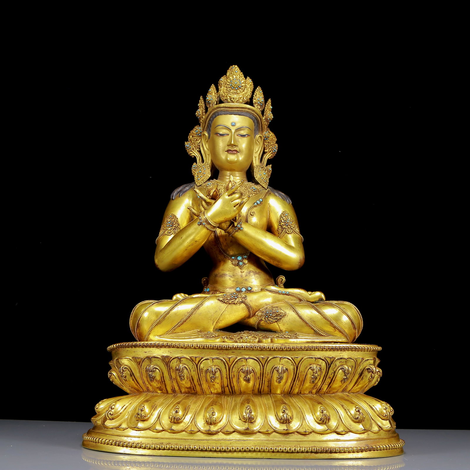 A Solemn Gilt Bronze Inlaid Turquoise Statue of Vajra: A Solemn Gilt Bronze Inlaid Turquoise Statue of Vajra,Ming Dynasty, China,Size:19.3inx14.2inx26.8in,Weight:58.20kg 铜鎏金嵌绿松石金刚总ý