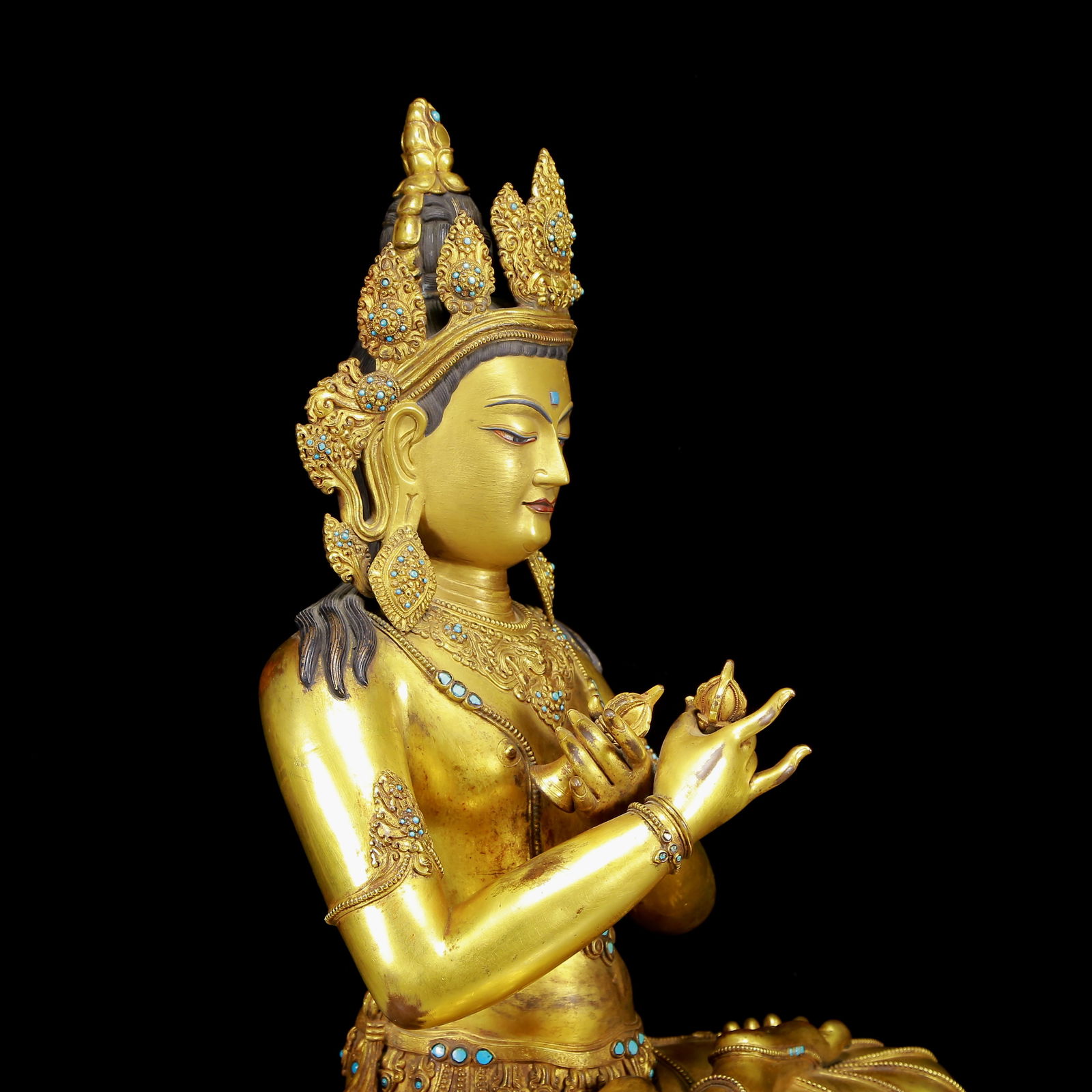 A Solemn Gilt Bronze Inlaid Turquoise Statue of Vajra - 9