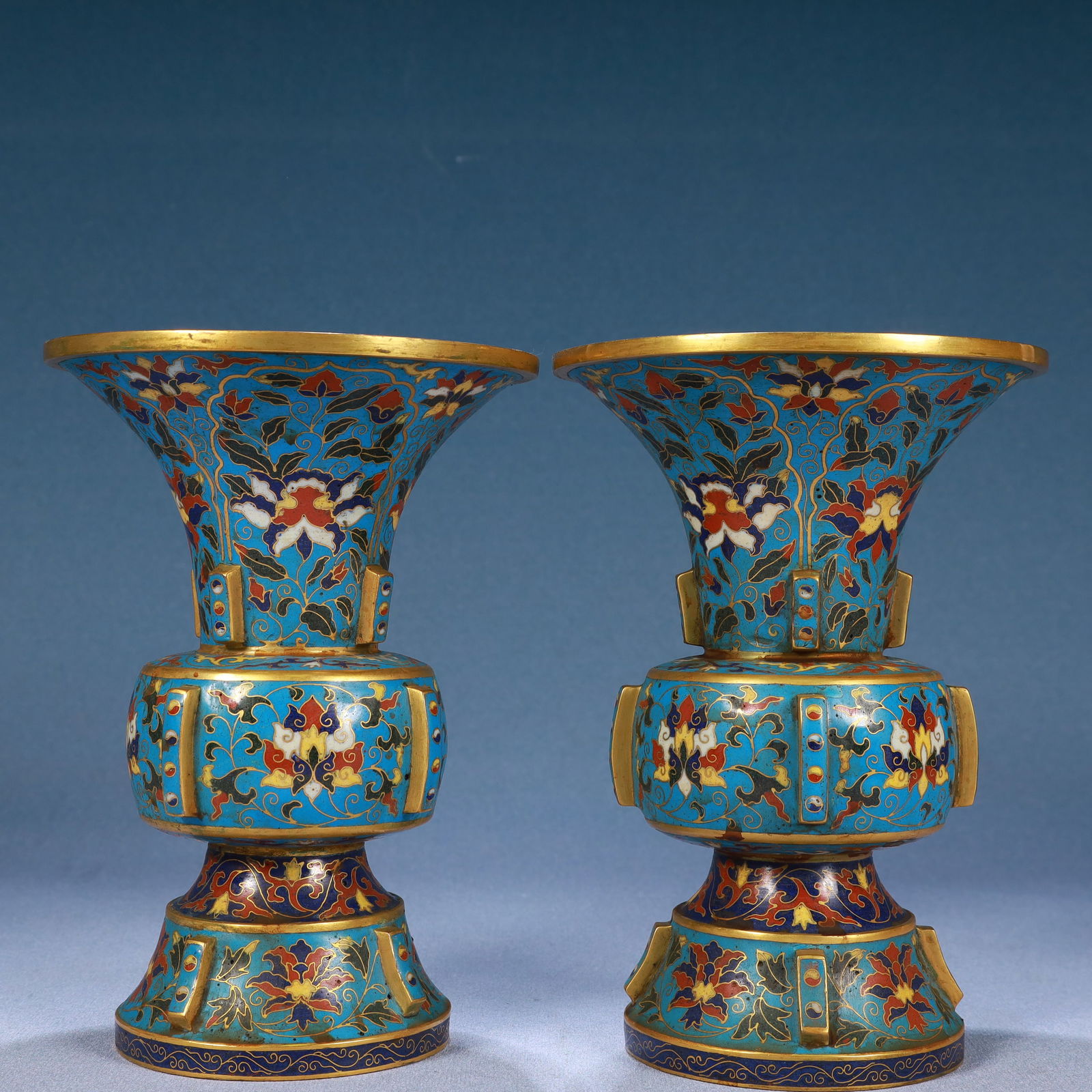 A Pair of Exquisite Cloisonne Beast-Face Pattern Vases: A Pair of Exquisite Cloisonne Beast-Face Pattern Vases,Qing Dynasty, China,Qianlong Four-character Mark,Size:6.5inx9.1in,Weight:3100g 