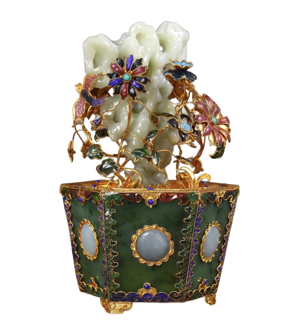 An Exquisite Filigree and Gilding Inlaid White Jade Bonsai,Inlaid Jasper (1 of 9)