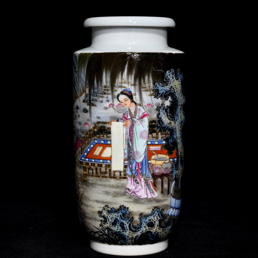 An Exquisite Famille-Rose Woman Pattern Vase,With Poem: An Exquisite Famille-Rose Woman Pattern Vase,With Poem,Qing Dynasty, China,Yongzheng Four-character Mark,Size:8.1inx3.9in 粉彩仕女纹瓶,带诗文,