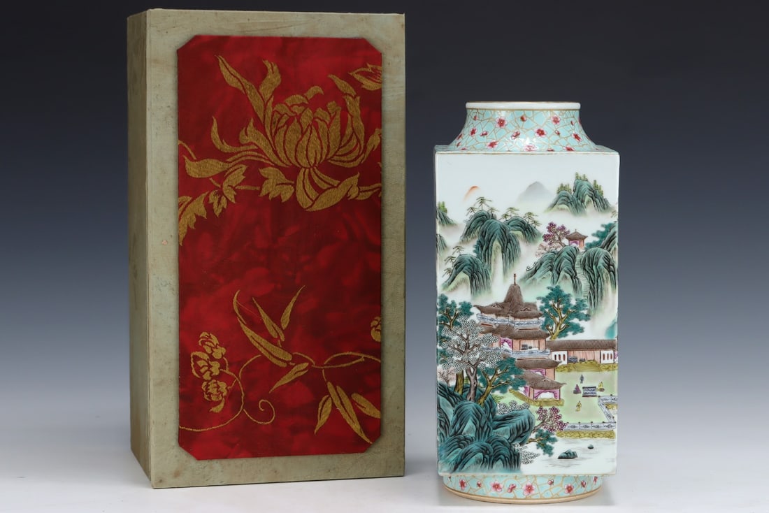 A Rare Famille-Rose Painted Gold Landscape and Figure Pattern Cong-Shaped Vase (1 of 8)