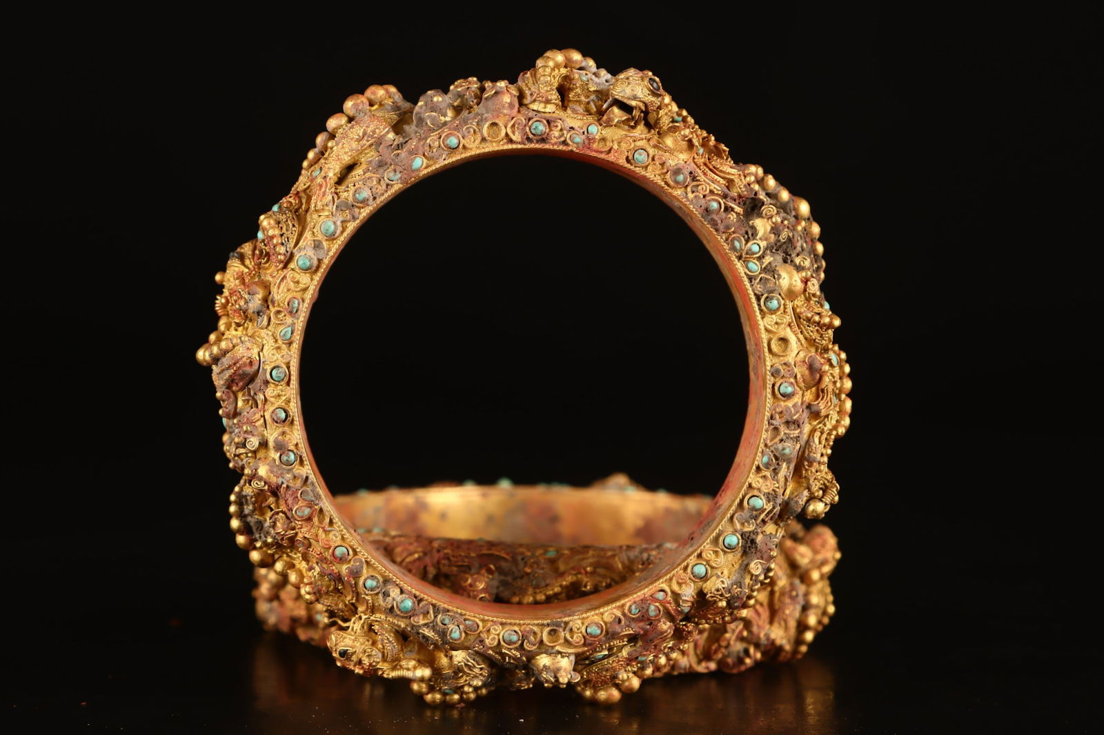 An Exquisite Gilt Silver Chi-Dragon Pattern Bracelets,Inlaid Turquoise - 6