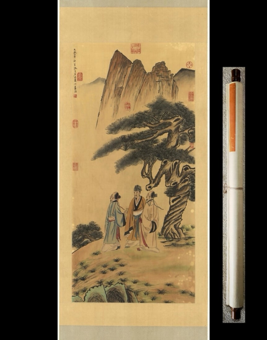 A Chinese Vertical Scroll Ink Painting of Landscape and Figure on Paper,Lan Ying (1 of 9)