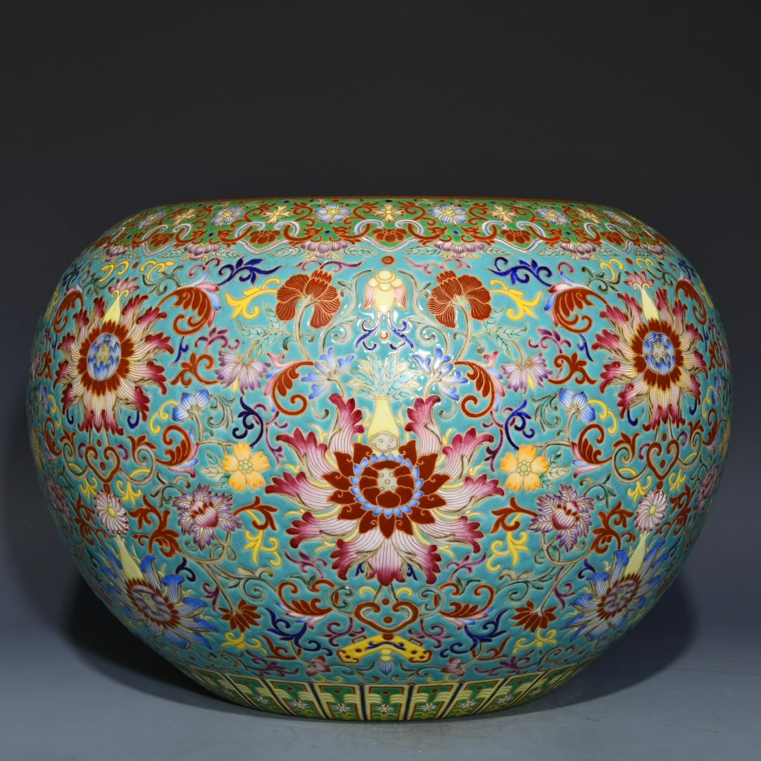 A Huge Turquoise Ground Enamel Painted Gold Lotus Pattern Water Pot (1 of 9)