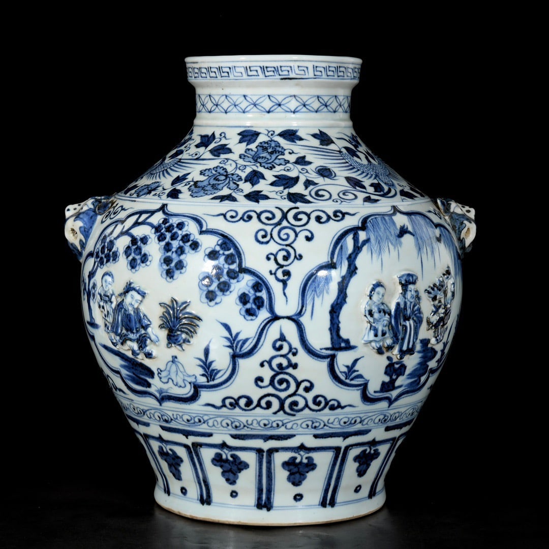A Rare Blue and White Character and Story Pattern Beast-Ears Jar: A Rare Blue and White Character and Story Pattern Beast-Ears Jar,Yuan Dynasty, China,Size:15.4inx13.8in 青花人物故事纹兽耳罐,中国