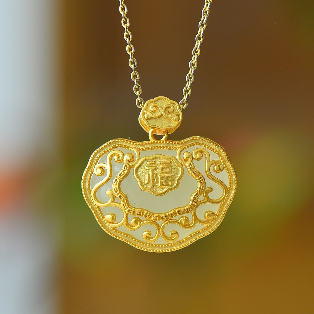 An Exquisite Sterling Silver-Gold Plated Inlaid White Jade Pendant: An Exquisite Sterling Silver-Gold Plated Inlaid White Jade Pendant 纯银镀金镶白玉吊坠