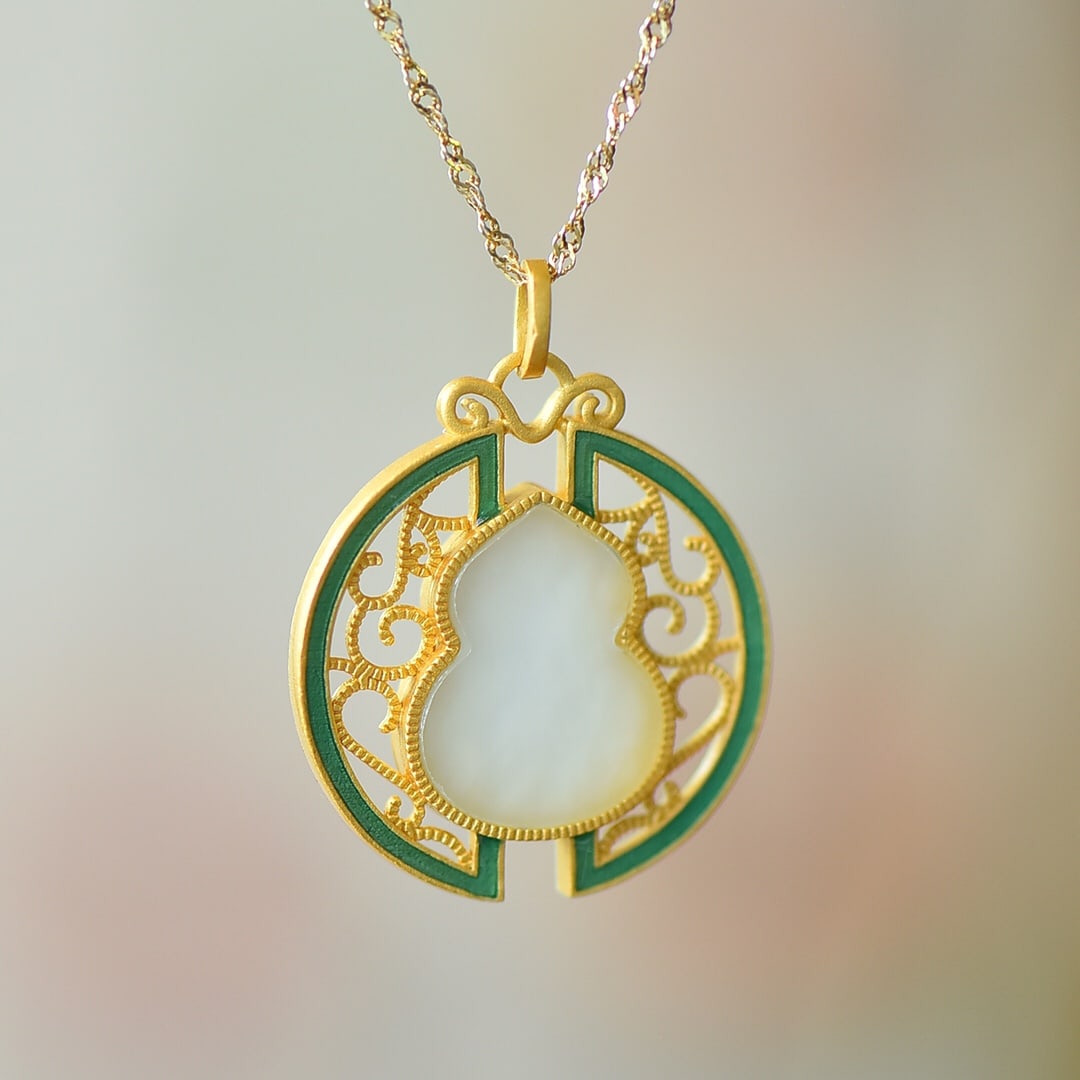 An Exquisite Sterling Silver-Gold Plated Inlaid White Jade Pendant (1 of 5)