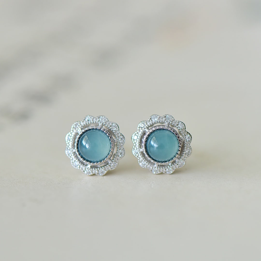 A Pair of Exquisite Sterling Silver Inlaid Jadeite Earrings,Inlaid Diamond (1 of 6)