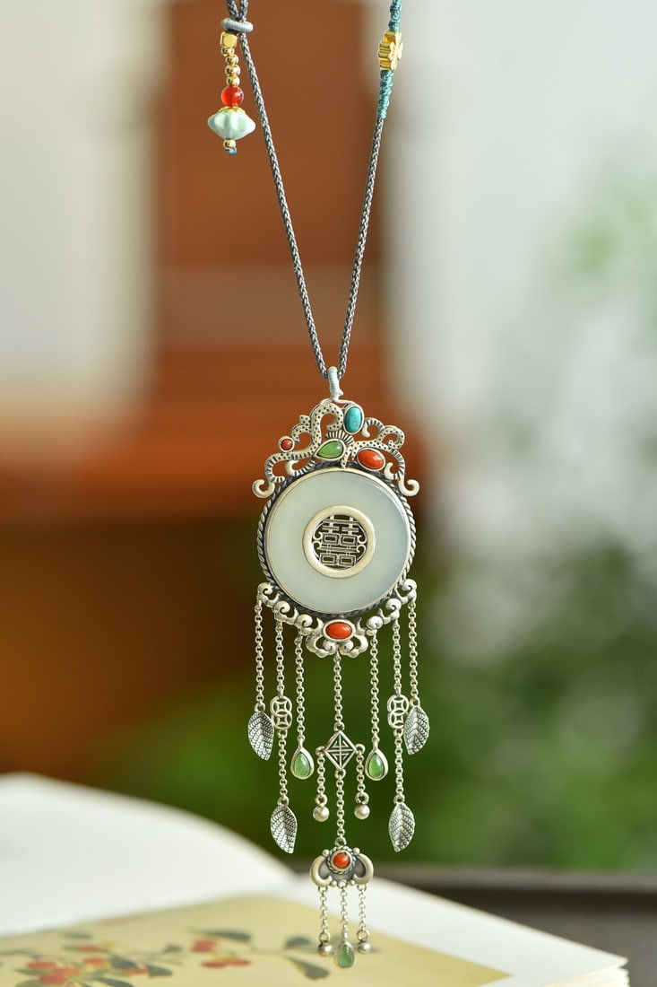 An Exquisite Sterling Silver Inlaid White Jade Pendant (1 of 5)