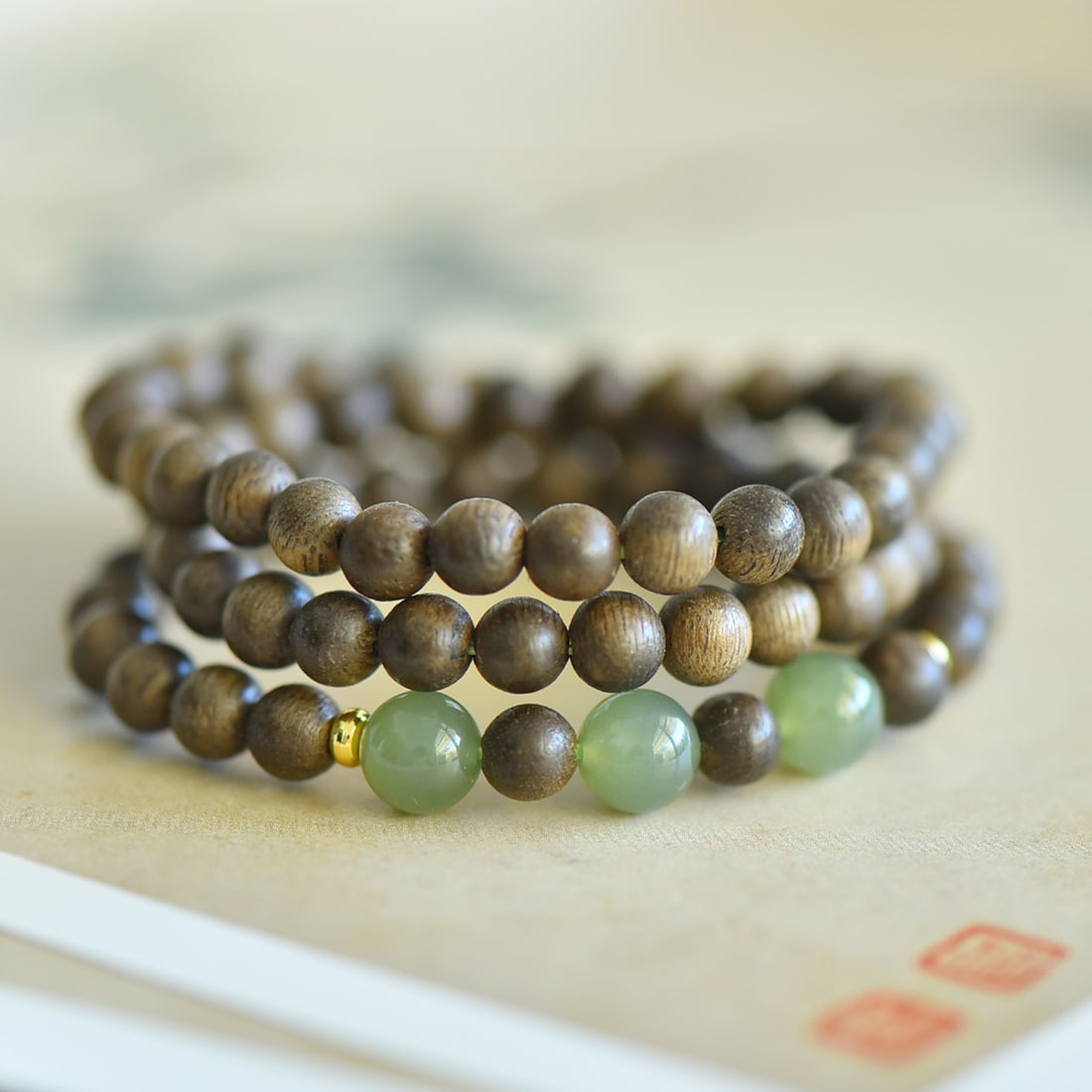 An Exquisite Greenish Jade Eaglewood Bracelets: An Exquisite Greenish Jade Eaglewood Bracelets,Size:8mm,6mm 青白玉沉香木手串