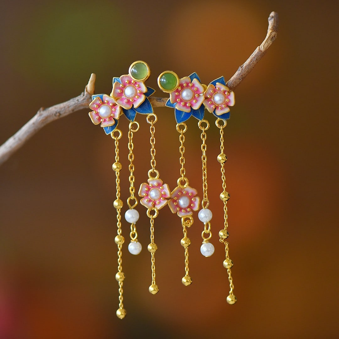 A Pair of Exquisite Sterling Silver-Gold Plated Inlaid Jasper Earrings,Inlaid Pearl: A Pair of Exquisite Sterling Silver-Gold Plated Inlaid Jasper Earrings,Inlaid Pearl 