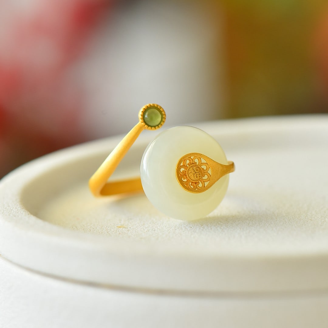An Exquisite Sterling Silver-Gold Plated Inlaid White Jade Ring (1 of 5)