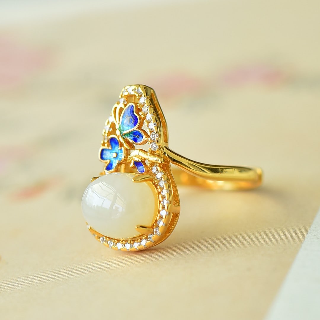 An Exquisite Sterling Silver-Gold Plated Inlaid White Jade Enamel Ring (1 of 5)