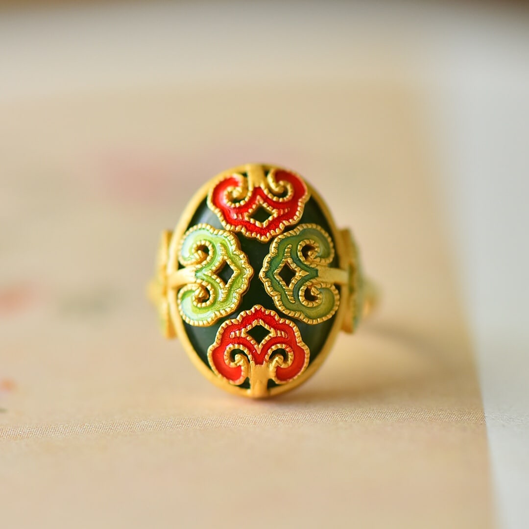 An Exquisite Sterling Silver-Gold Plated Inlaid Jasper Enamel Ring: An Exquisite Sterling Silver-Gold Plated Inlaid Jasper Enamel Ring 纯银镀金镶碧玉珐琅戒指