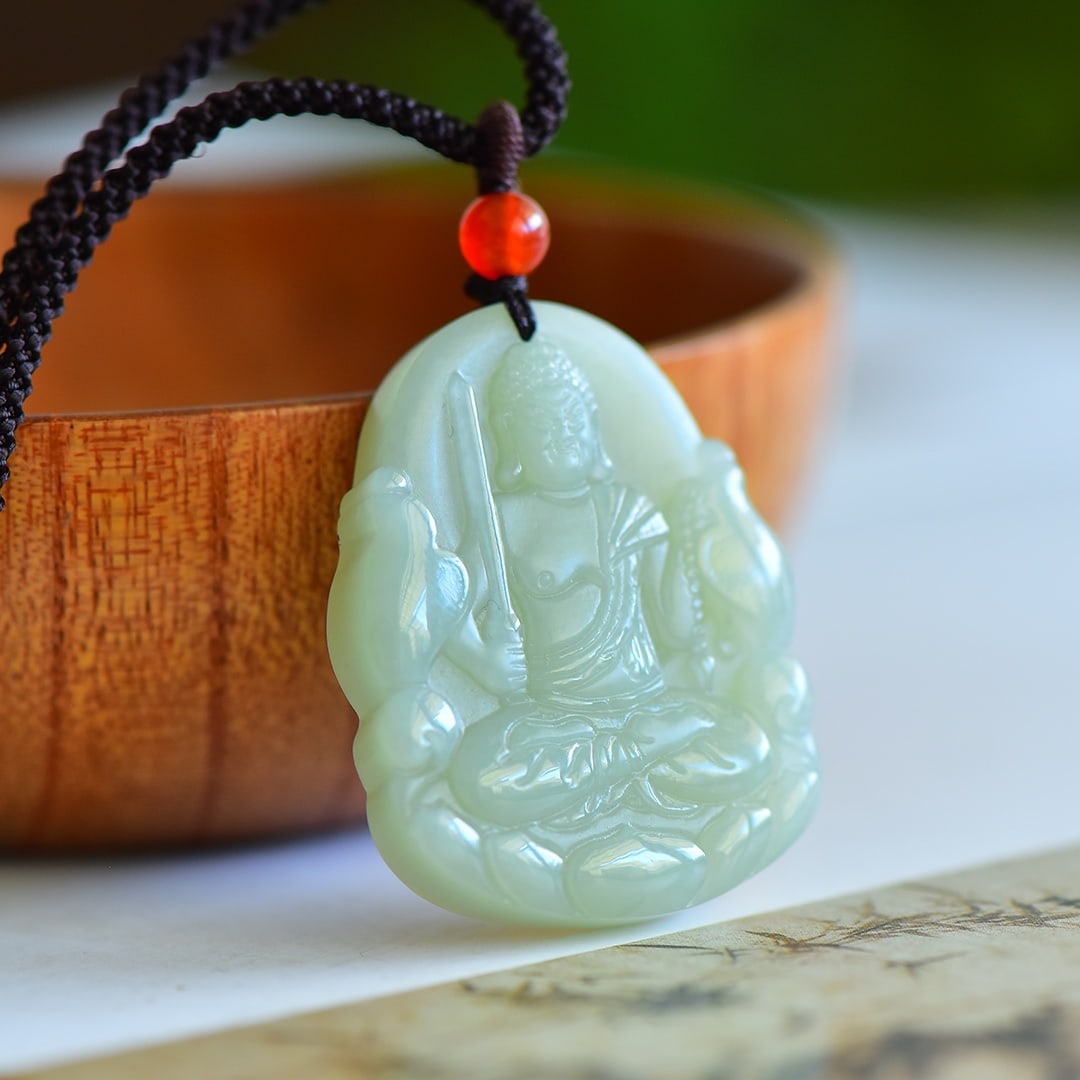 An Exquisite Greenish Jade Bodhisattva and Rooster Pattern Pendant (1 of 5)