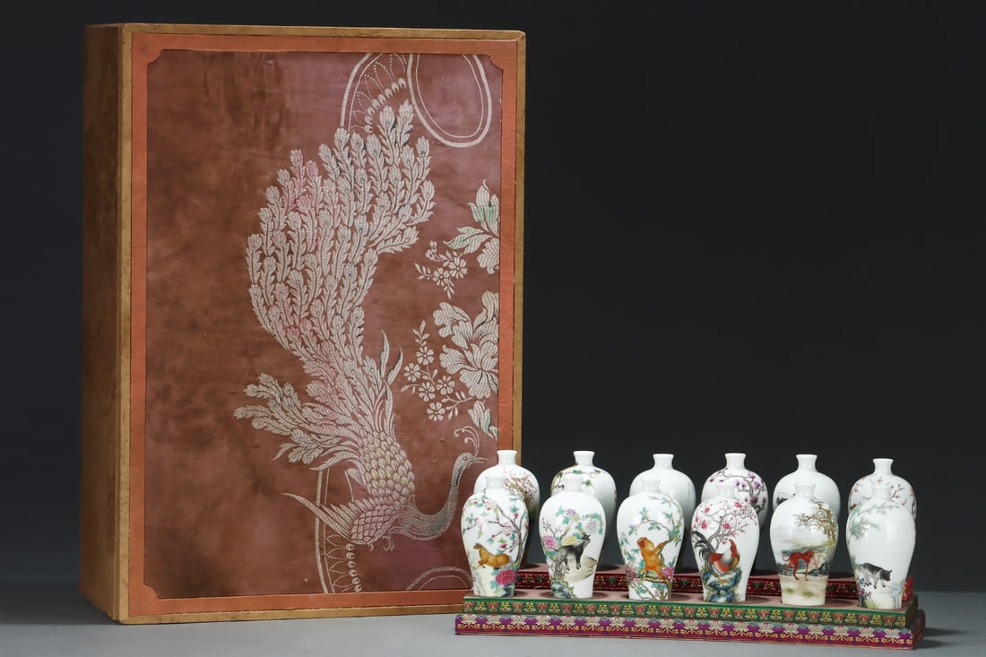 A Set of Fine Famille-Rose the Twelve Chinese Zodiac Signs Pattern Vases,with Poem: A Set of Fine Famille-Rose the Twelve Chinese Zodiac Signs Pattern Vases,with Poem,Size:5.2inx2.8in,Qing Dynasty,China,Yongzheng Six-Character Mark 一套粉彩十二