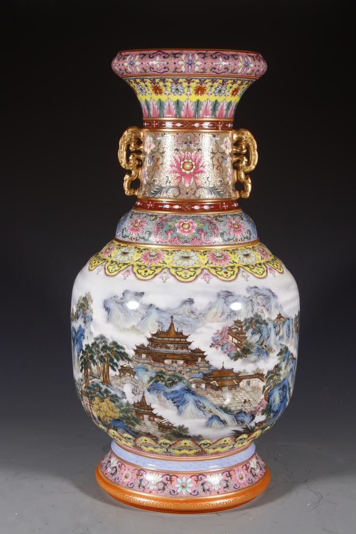 An Exquisite Enamel Landscape Pattern Double-Ears Vase,with poem: An Exquisite Enamel Landscape Pattern Double-Ears Vase,with poem,Qing Dynasty,China,Qianlong Four-character Mark,Size:23.2inx8.7in 珐琅彩山水纹双耳ī