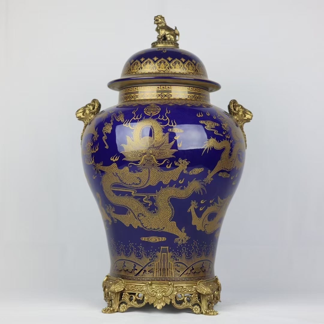 A Huge Ji Blue Glazed Inlaid Bronze Painted Gold Auspicious Cloud and Dragon Pattern Sheep-Ears Jar: A Huge Ji Blue Glazed Inlaid Bronze Painted Gold Auspicious Cloud and Dragon Pattern Sheep-Ears Jar with Cover,Qing Dynasty,China,Qianlong Six-Character Mark,Size:20.1inx11in 霁蓝釉&