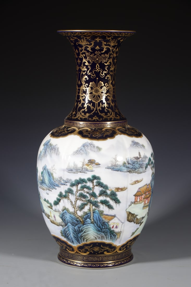 An Exquisite Enamel Painted Gold Landscape Pattern Vase: An Exquisite Enamel Painted Gold Landscape Pattern Vase,Qing Dynasty,China,Qianlong Six-character Mark,Size:16.5inx5.5in 