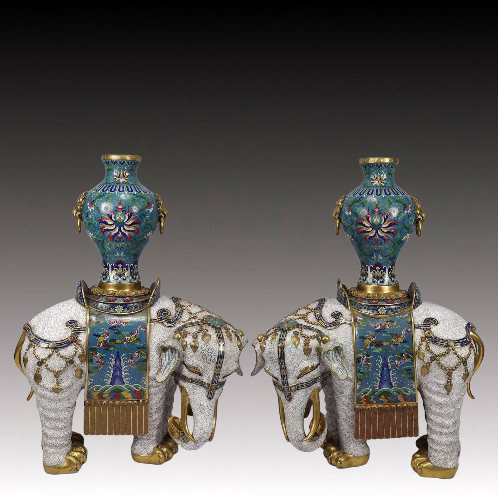 A Pair of Huge Cloisonne Lotus,Auspicious Cloud and Bats Pattern Beast-Ears Vases,With Elephant Base (1 of 20)