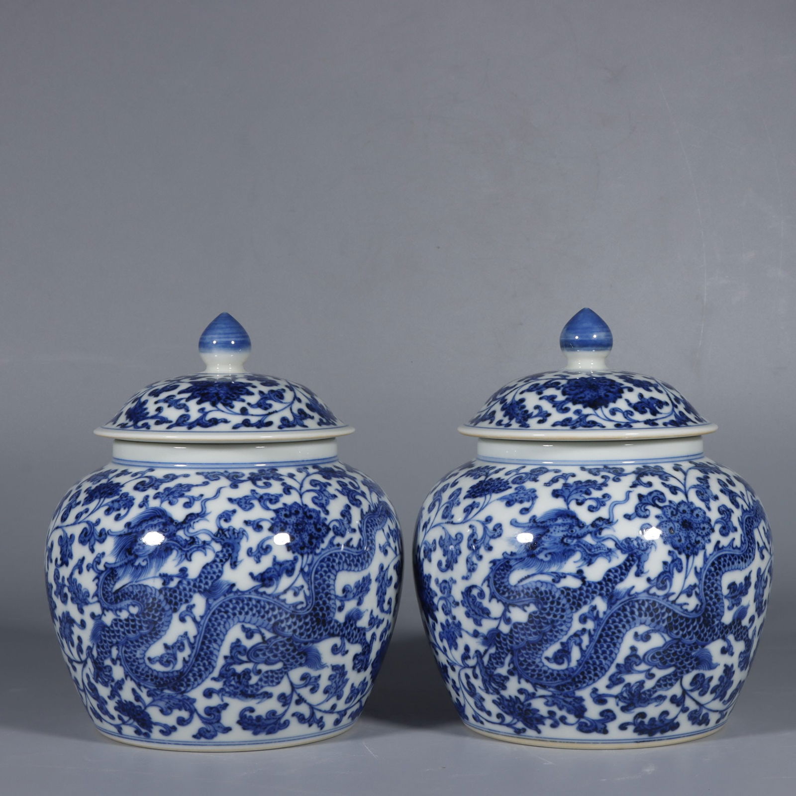 A Pair of Exquisite Blue and White Lotus and Dragon Pattern Jars with Cover (1 of 9)