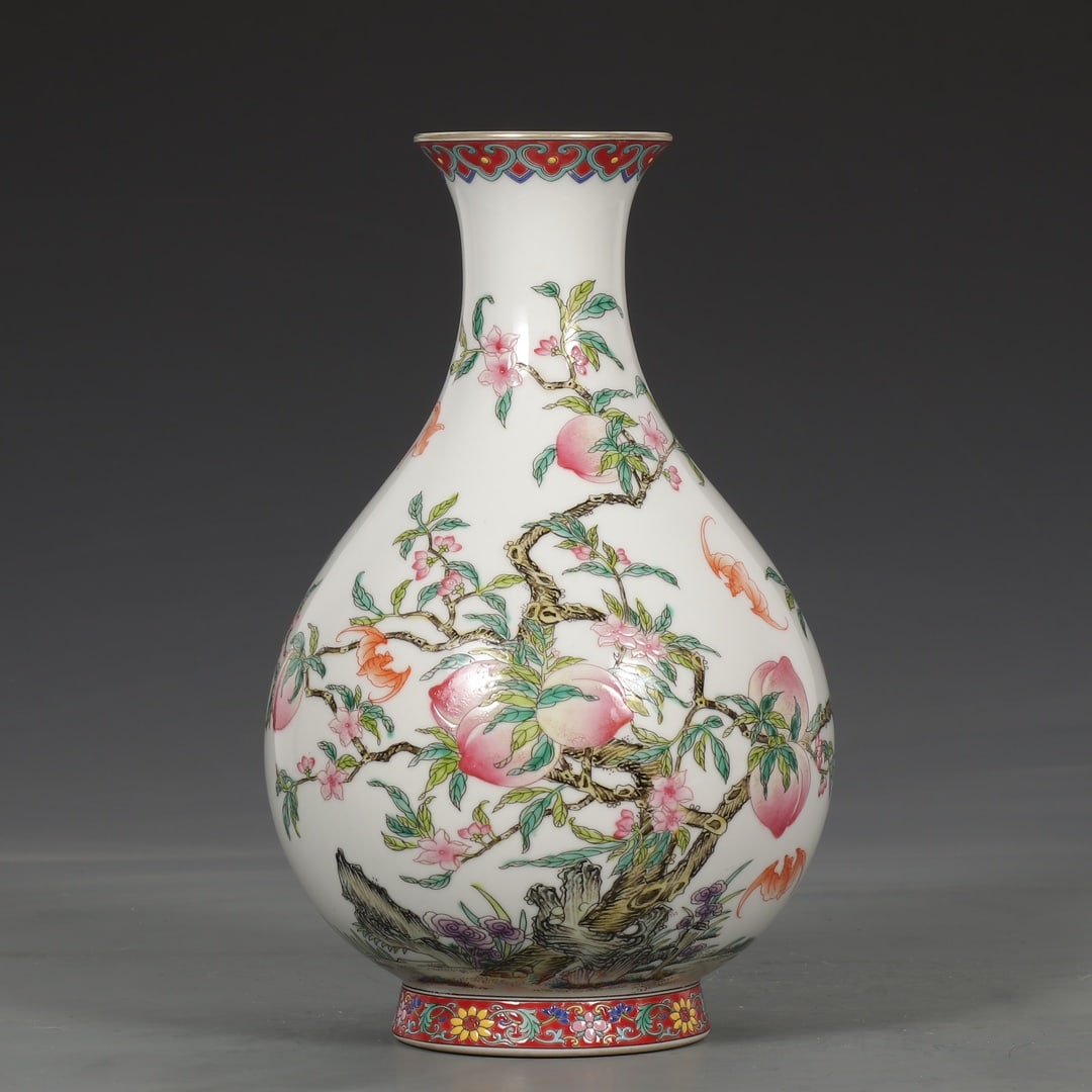 An Exquisite Enamel Bats and Peach Pattern Vase,with poem: An Exquisite Enamel Bats and Peach Pattern Vase,with poem,Qing Dynasty,China ,Yongzheng Four-character Mark,Size:9.4inx6.1in 珐琅彩蝙蝠桃子纹瓶,&#