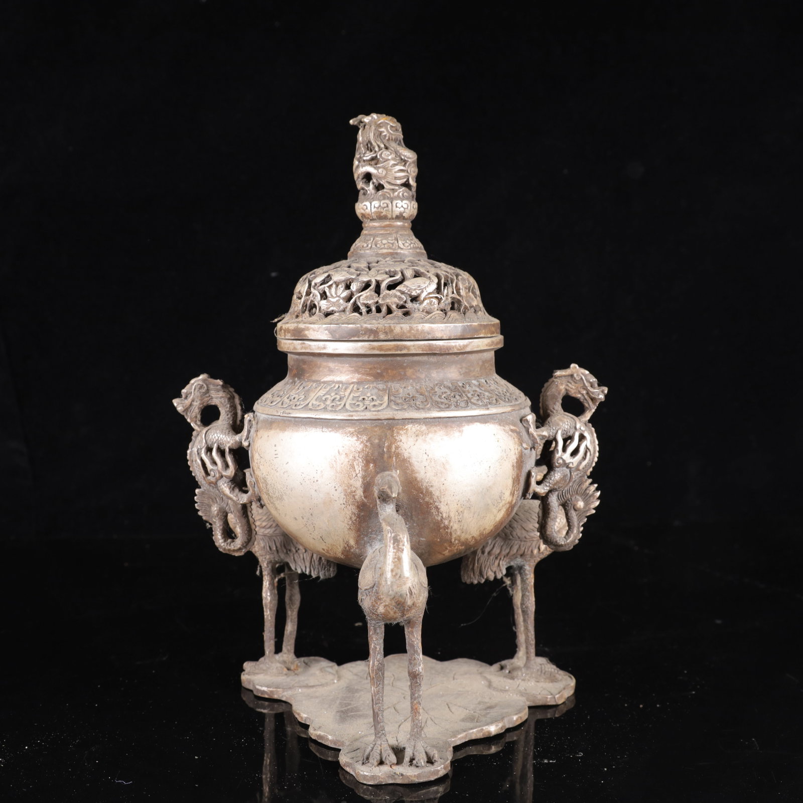 An Exquisite Silver Dragon and Crane Tripod Censer (1 of 10)