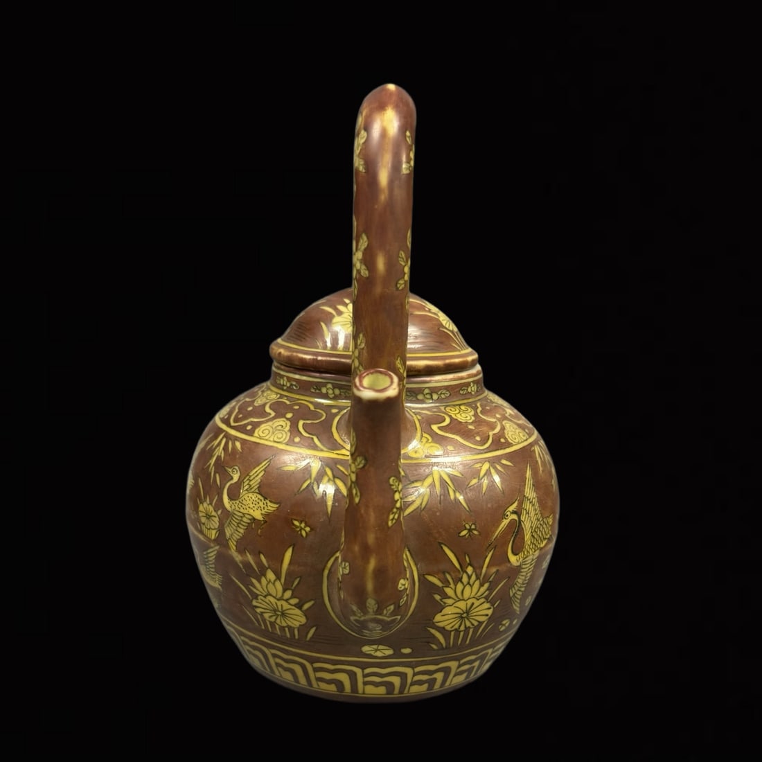 An Exquisite Yellow Glazed Flower and Crane Pattern Loop-handled Pot - 4