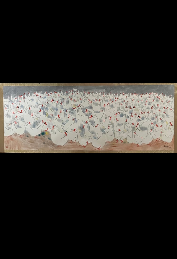 A Chinese Ink Painting of Goose on Paper: A Chinese Ink Painting of Goose on Paper,Wu Guanzhong,Size:55.1inx141.7in 一幅中国水墨鹅画,吴冠中