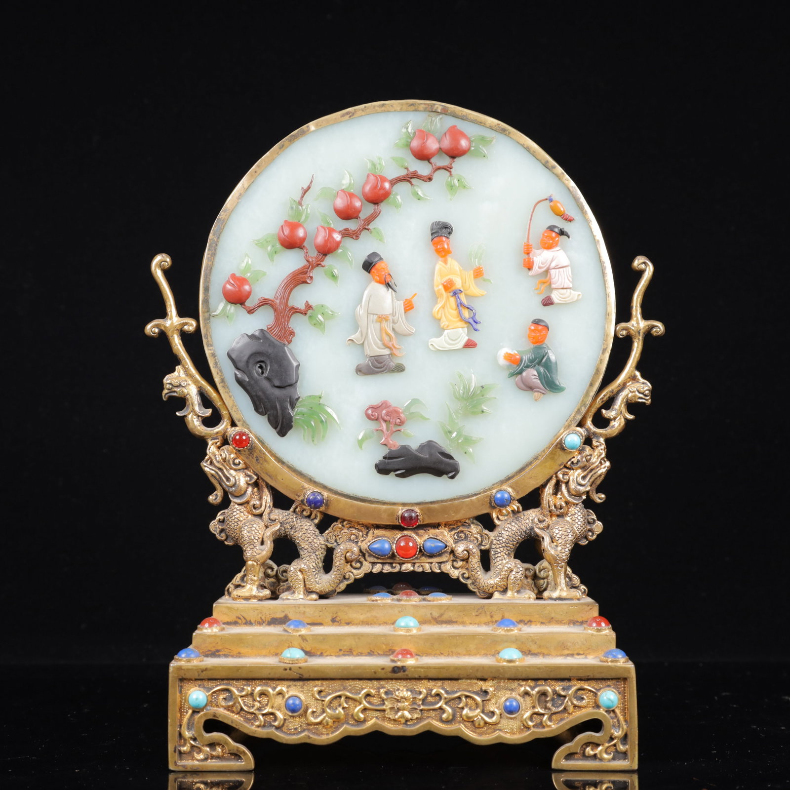An Exquisite Silver-gilt Inlaid White Jade Figure Pattern Table Screen, Inlaid Gems (1 of 17)