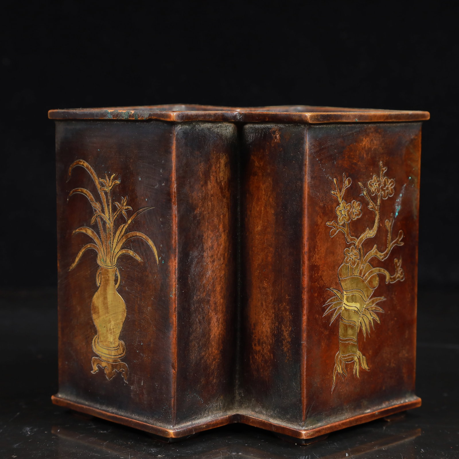 A Rare Bronze Plum Blossom,Orchid Bamboo and Chrysanthemum Pattern Brush Pot (1 of 10)